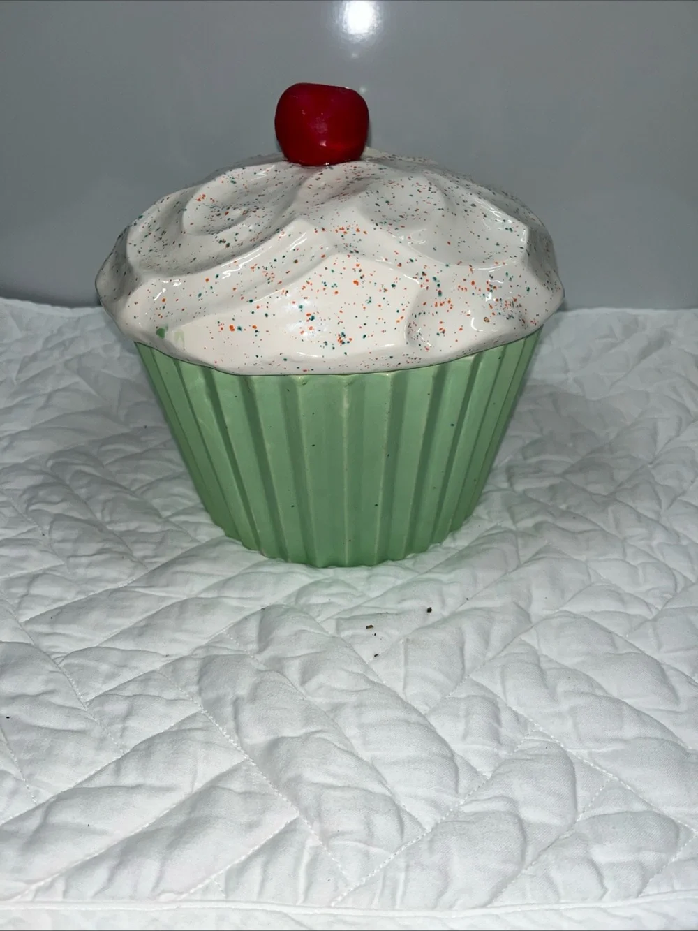 Vintage MCM Ceramic Cupcake Treat Jar - Green with White Frosting and Red Cherry